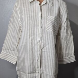 Chico’s 100% Linen Striped Tunic Blouse Top Shirt Button Down SZ 1 Excellent